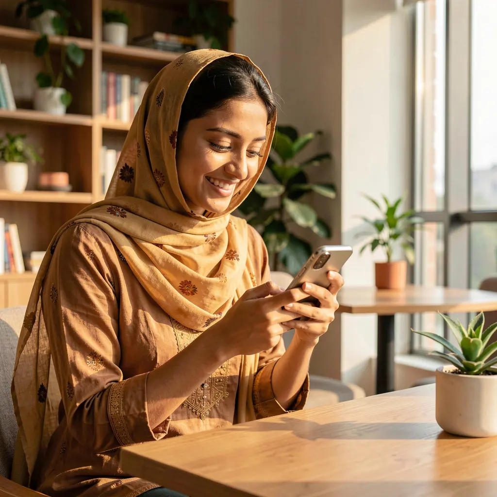Smiling Bangladeshi woman enjoying the F222 casino app on her smartphone while sitting in a modern cafe with natural light