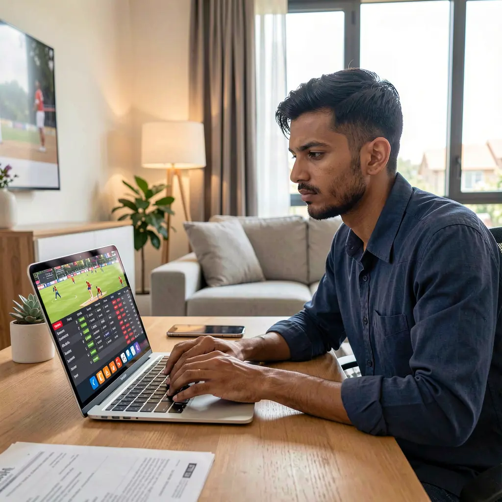 Dedicated sports bettor using the F222 platform on a laptop while following a live cricket match at home in Bangladesh