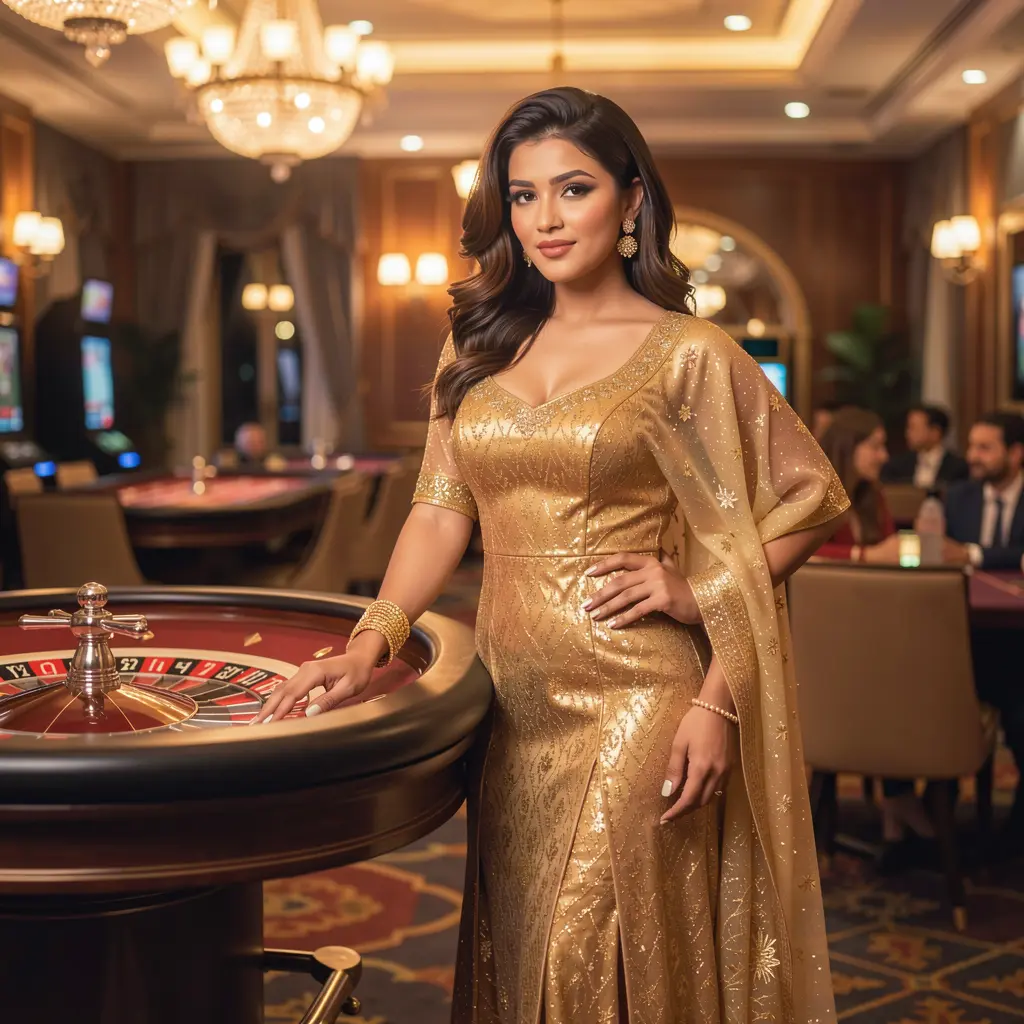 Luxury casino atmosphere with a glamorous woman in a golden dress standing by a roulette table highlighting the premium gaming experience at F222 Bangladesh