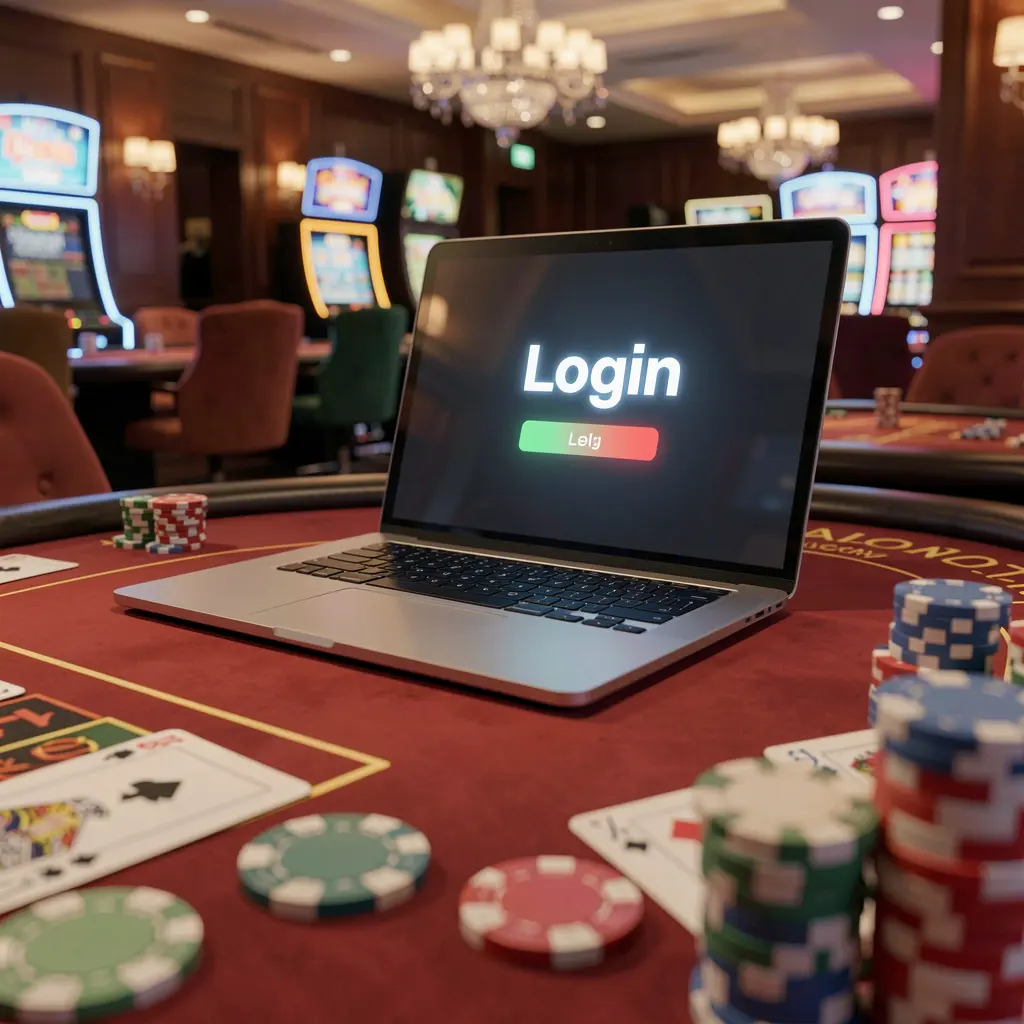 Modern laptop on a vibrant casino table with stacked chips and cards showing the F222 login screen for secure access in Bangladesh
